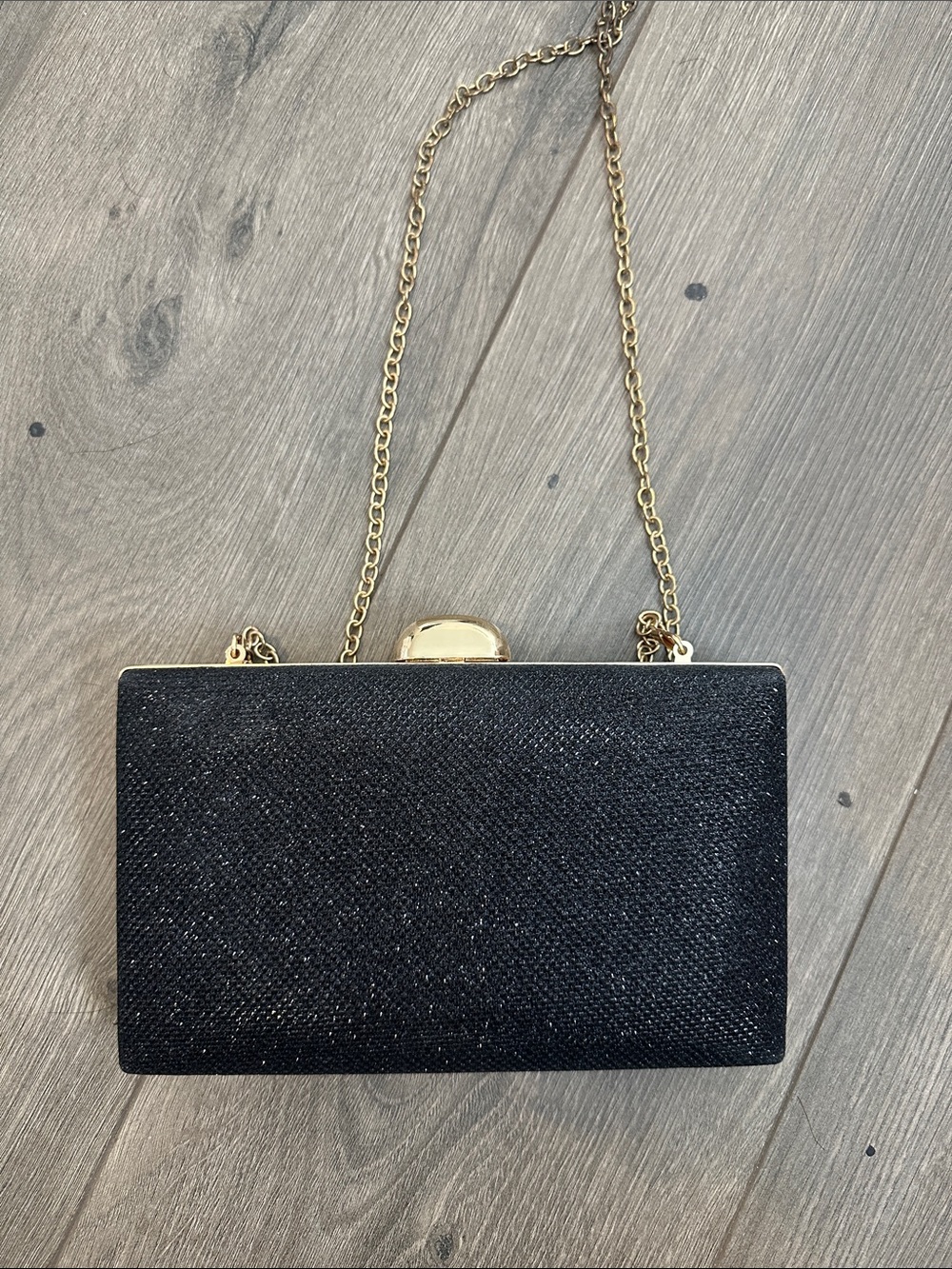 Black Glitter Box Clutch with Gold Chain